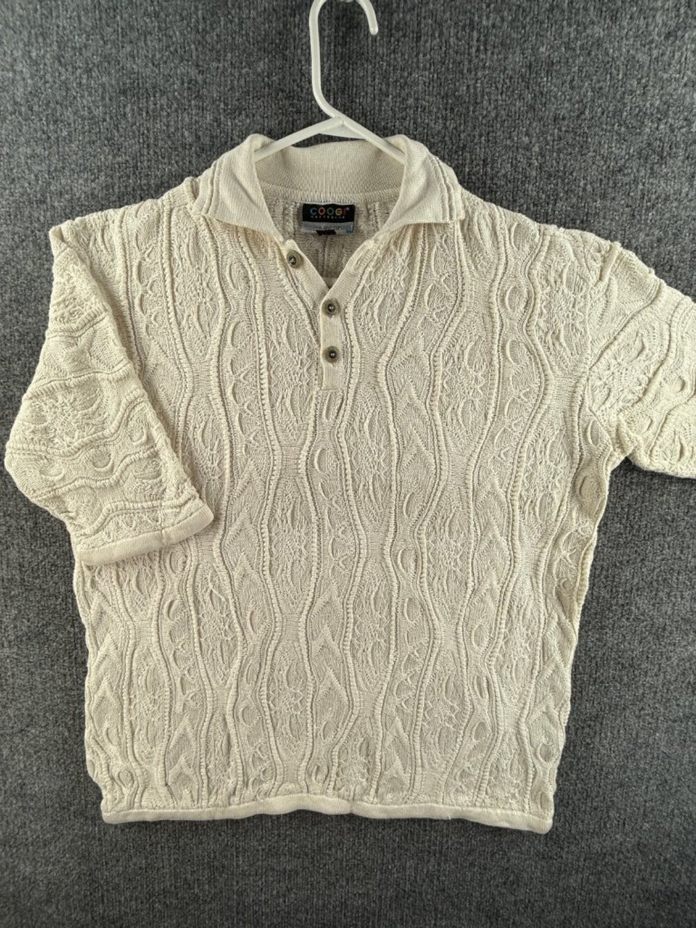 Coogi Australia Texture Knit Short Sleeve Sweater XL Ivory Pullover Collared Men